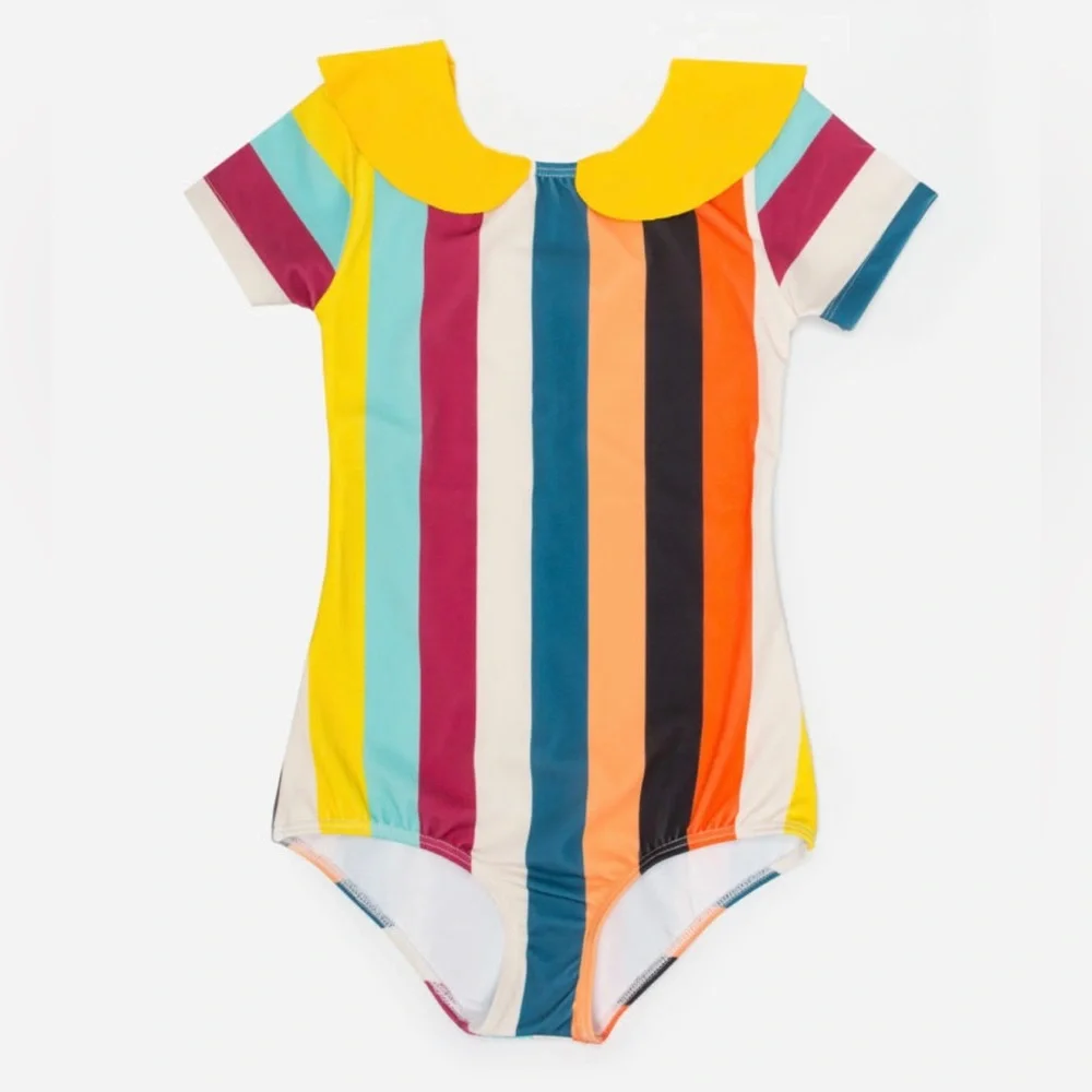 Girls' Multicolor Striped One-Piece Swimsuit with Yellow Peter Pan Collar